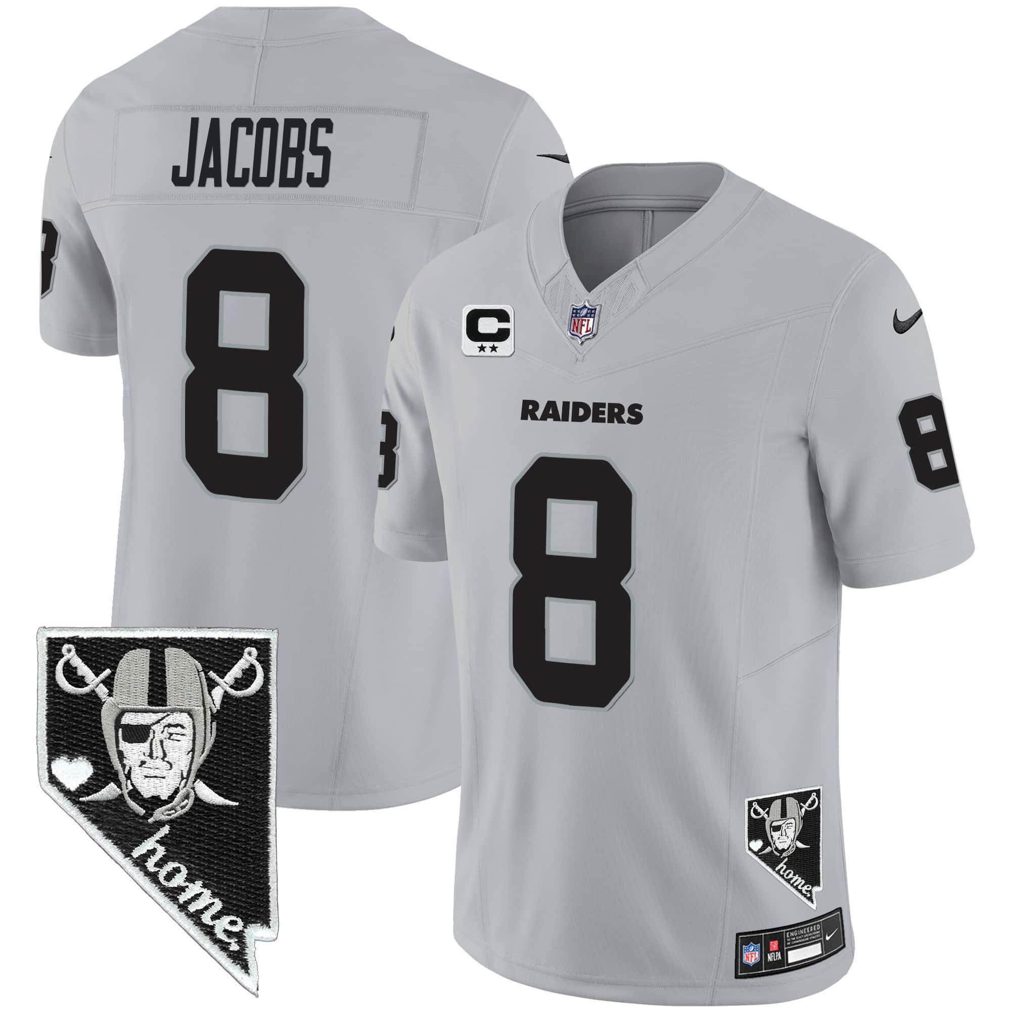 Men Oakland Raiders 8 Jacobs Grey 2024 Nike Nevada Home Patch Vapor NFL Jersey